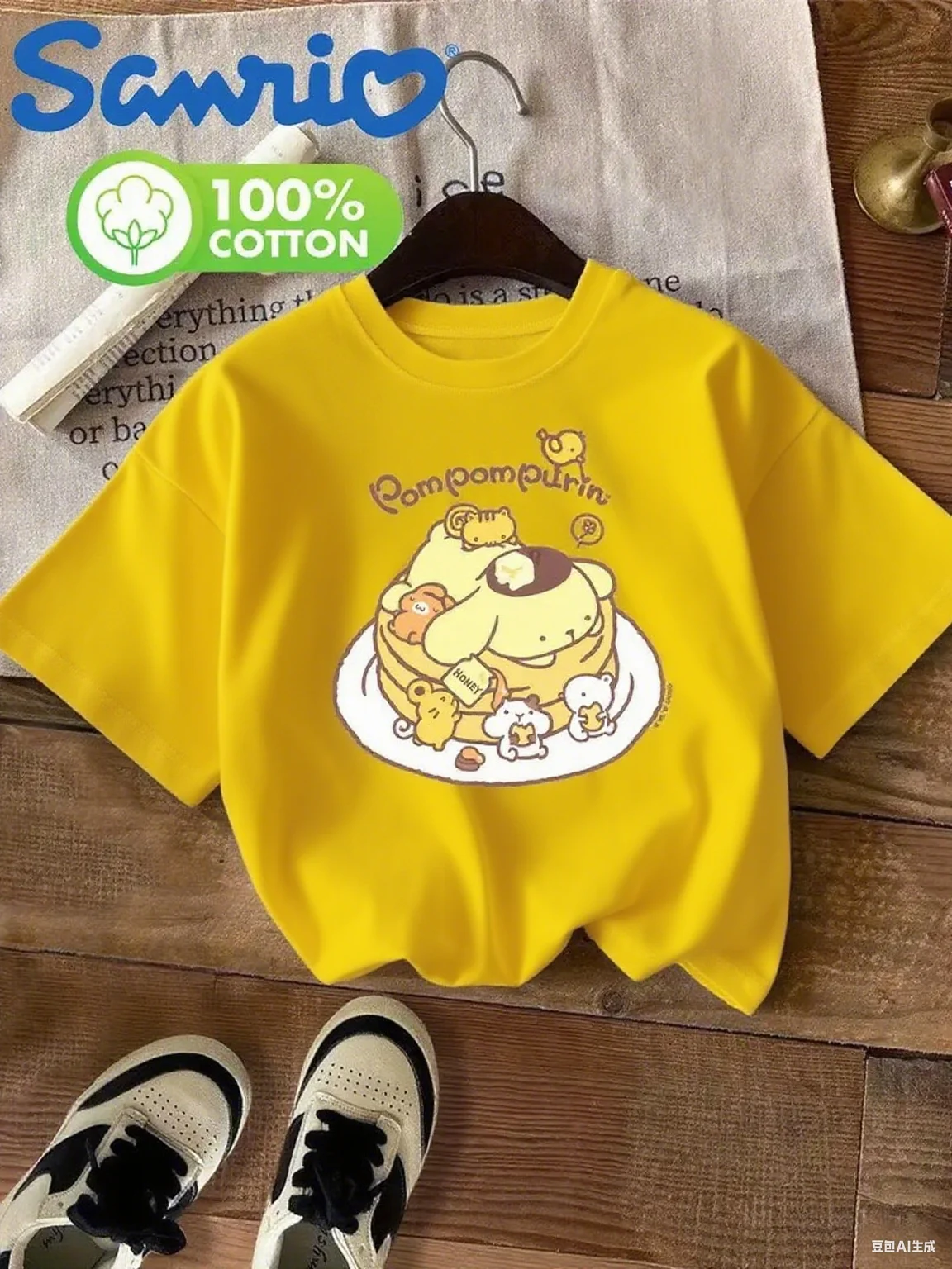 เสื้อยืดผ้าฝ้ายลายซานริโอ ปอมปอมปูรินแพนเค้กเลิฟปูรินพร้อมสัตว์ตัวเล็กพิมพ์ลายผ้าฝ้ายแท้ 100% เพื่อลุคหวานน่ารัก