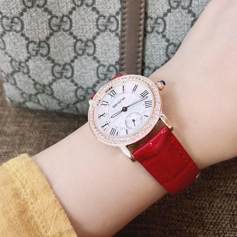 SKONE Blue balloon round fashion retro trend belt with high-end feel diamond inlaid versatile quartz watch for women