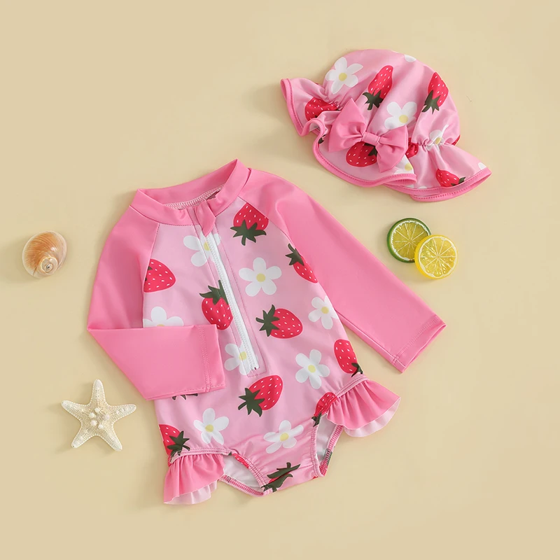 0-3Years Baby Girls Swimsuit Strawberry Flower Cartoon Bikini with Hat Newborn Swimwear for Summer Bathing Suit