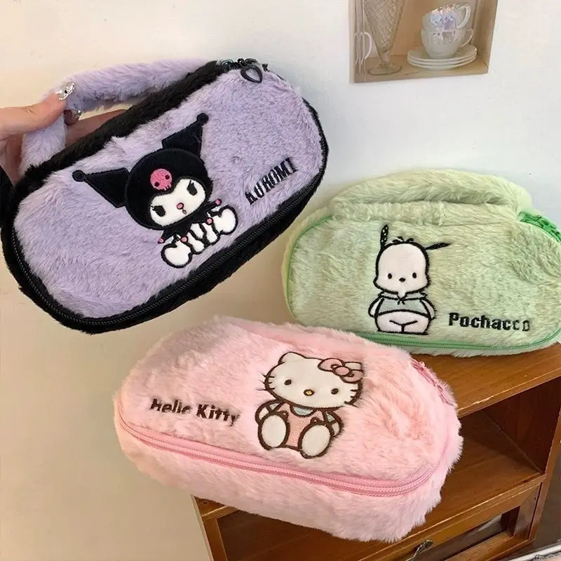 

Kawaii Hello Kitty Kuromi My Melody Pochacco Sanrio Student Large Capacity Fluffy Pen Case Children Cartoon Storage Bag for Kids