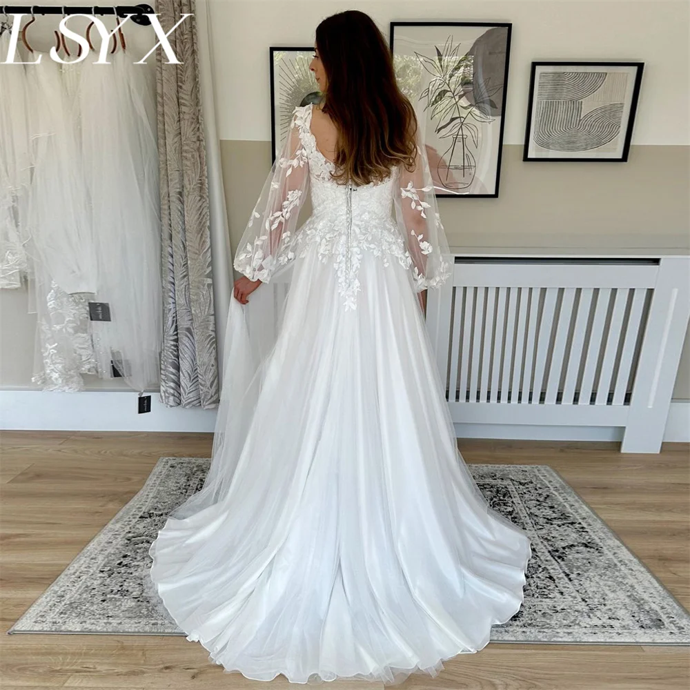 LSYX Fairy Long Puff Sleeve V-Neck White Wedding Dress Appplique A-Line Tulle Button Back Court Train Bridal Gown Custom Made