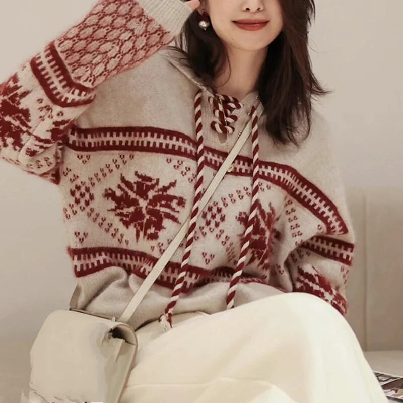 

Модный красный рождественский свитер, новогодний свободный топ с капюшоном из плотного вязаного материала, женский повседневный зимний теплый хлопковый вязаный свитер