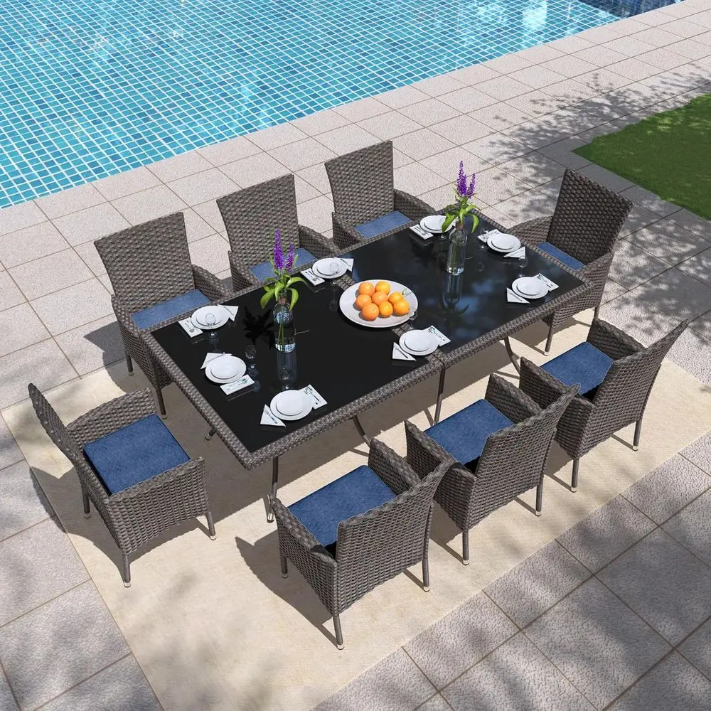 

10-Piece Outdoor Dining Set with Rattan Chairs, Cushions, and Square Glass Table, Navy Blue