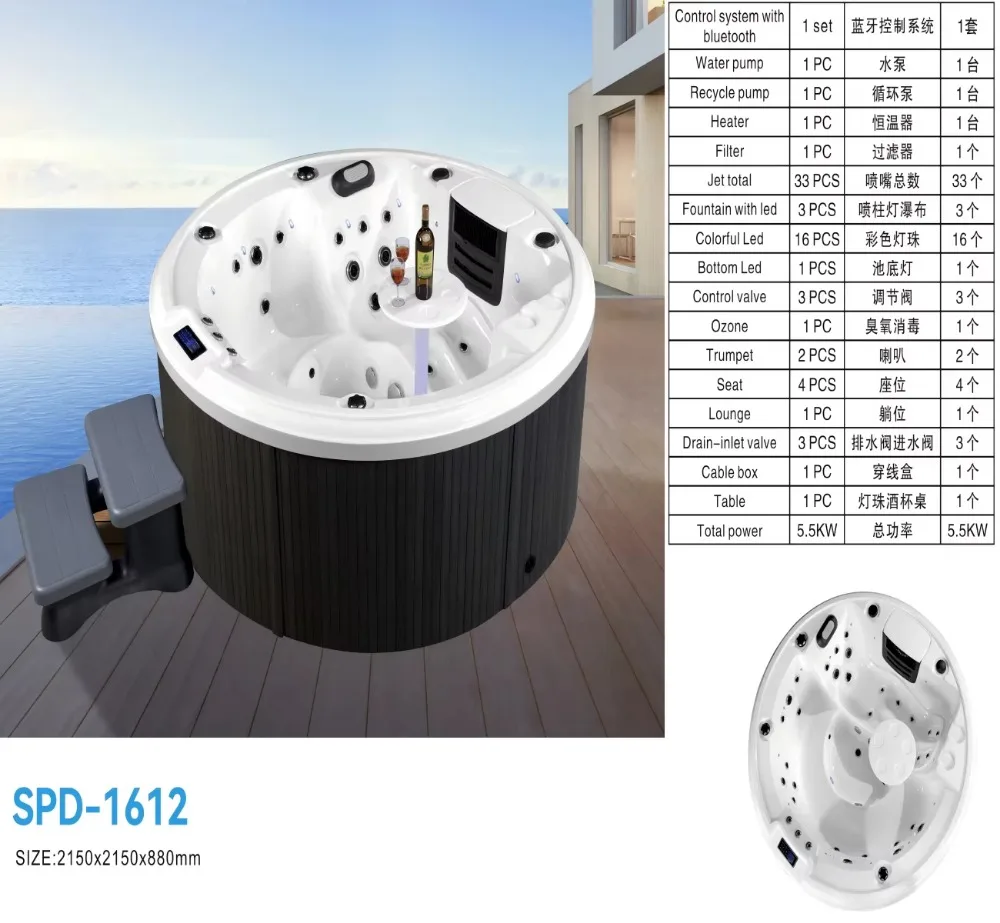 6 Person Round Outdoor Spa Hot Tub Garden Backyard Whirlpool Massage Spa Tub With 33 Jets Ozone Bluetooth Control LED Light