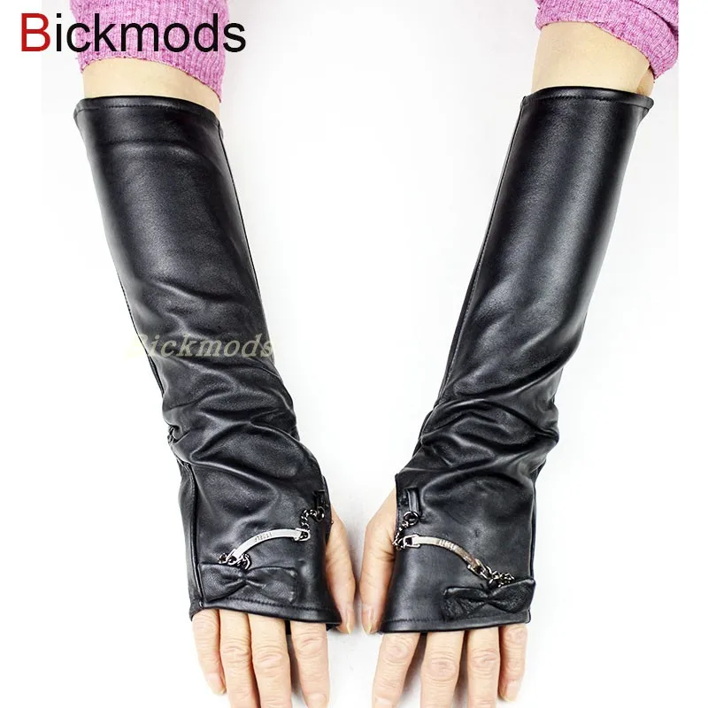 38cm Long Sheepskin Fingerless Gloves Women\'s Half Finger Gloves Ladies Fashion All-match Autumn Warm Leather Sleeves