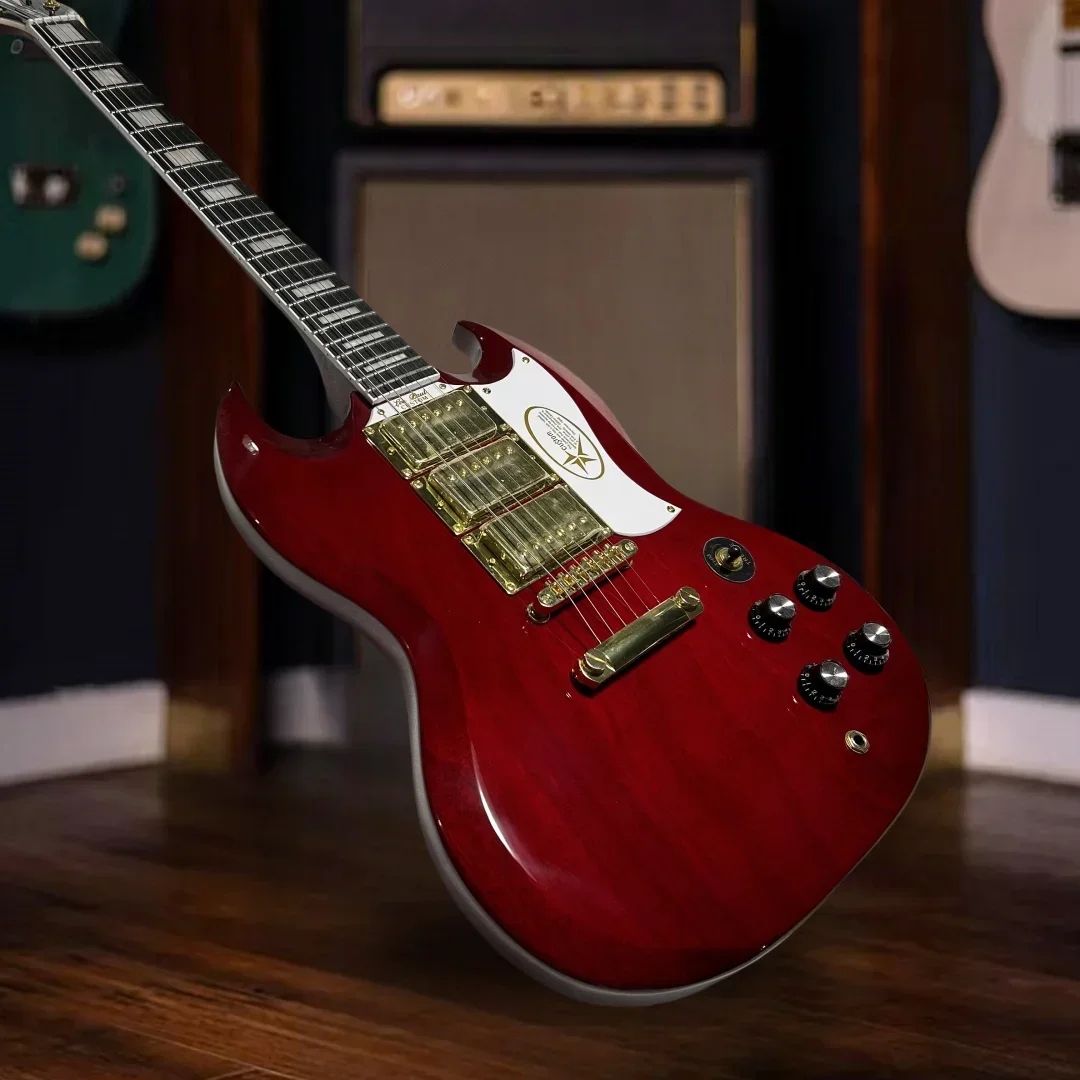

Free Shipping Red Electric Guitar Double-cutaway Design with Upgrade Accessories Guitar White Plate Mahogany Body 6 Strings