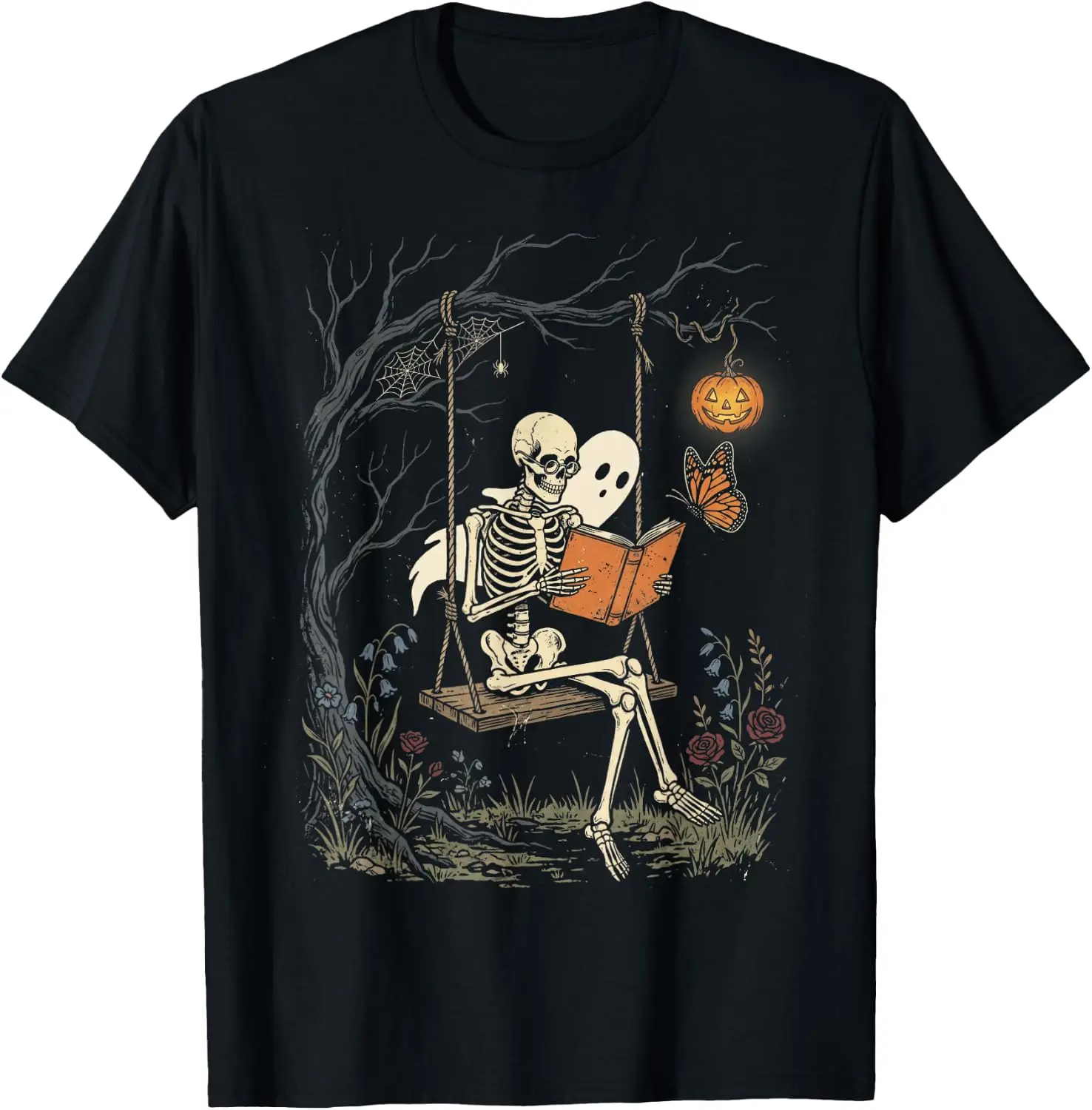 Skeleton Reading Book Ghost Halloween Costume Retro Vintage T-Shirt Men Women Unisex Novelty Graphic T‑Shirt, Classic Crew Neck 100% Cotton Tee, Lightweight Anti‑Pilling Breathable Casual Tops, Year‑Round Daily Outfit, Holiday Birthday Present Tee