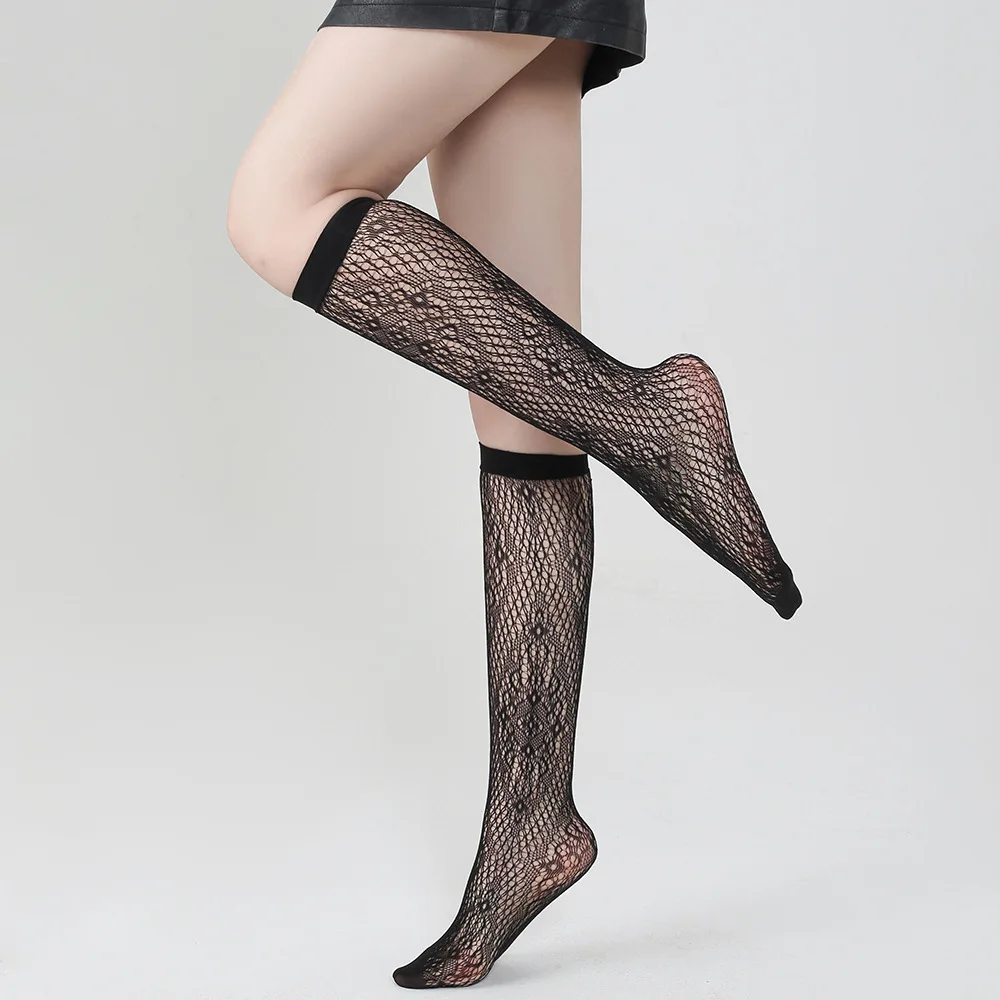 Black Sexy Mid-tube Socks Plaid Compression Socks Womens Black Lace Hollow Out Sock Big Tall See Through Sexy Fishnet Stockings