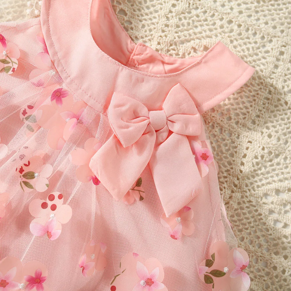 (0-3 anni) Summer Mesh All Over Flower Bow Baby Girl Dress Cute senza maniche Girl Princess Dress