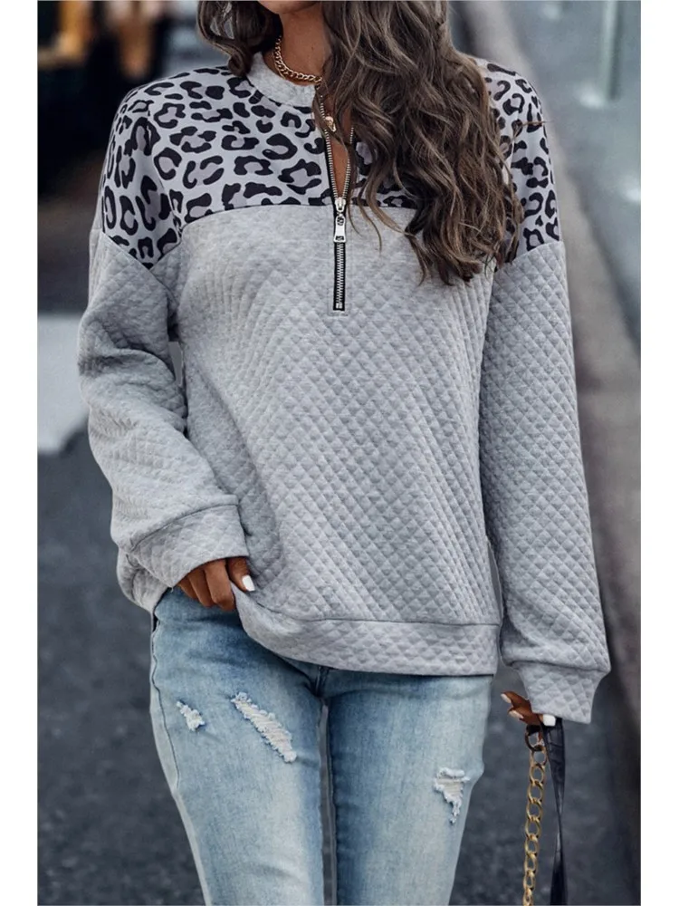 Leopard Print Stitching Zipper Sweatshirt Women's Autumn Winter Fashion Hoodie Casual Warm Long-sleeved Top Pullover Sweatshirt