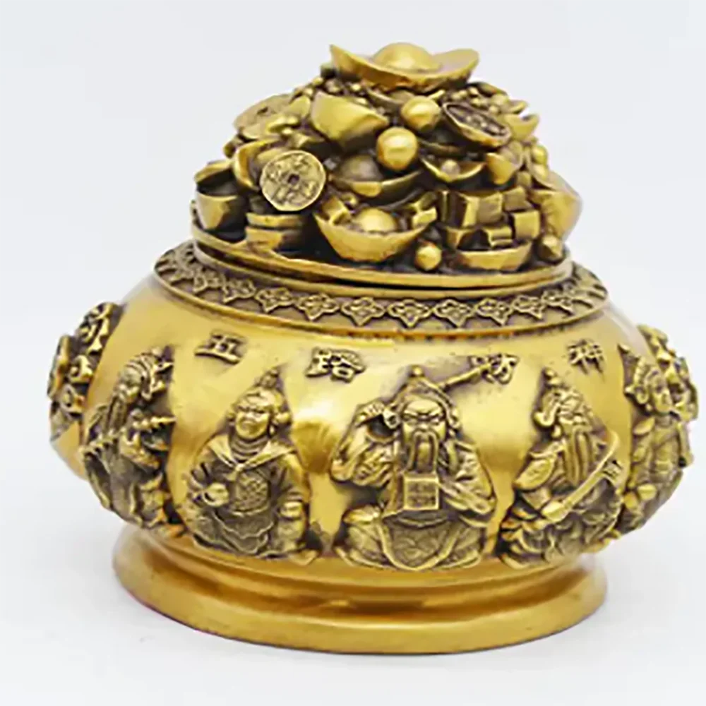 Brass Relief Five Way God of Wealth Cornucopia Household Buddha Incense Burner Ornaments