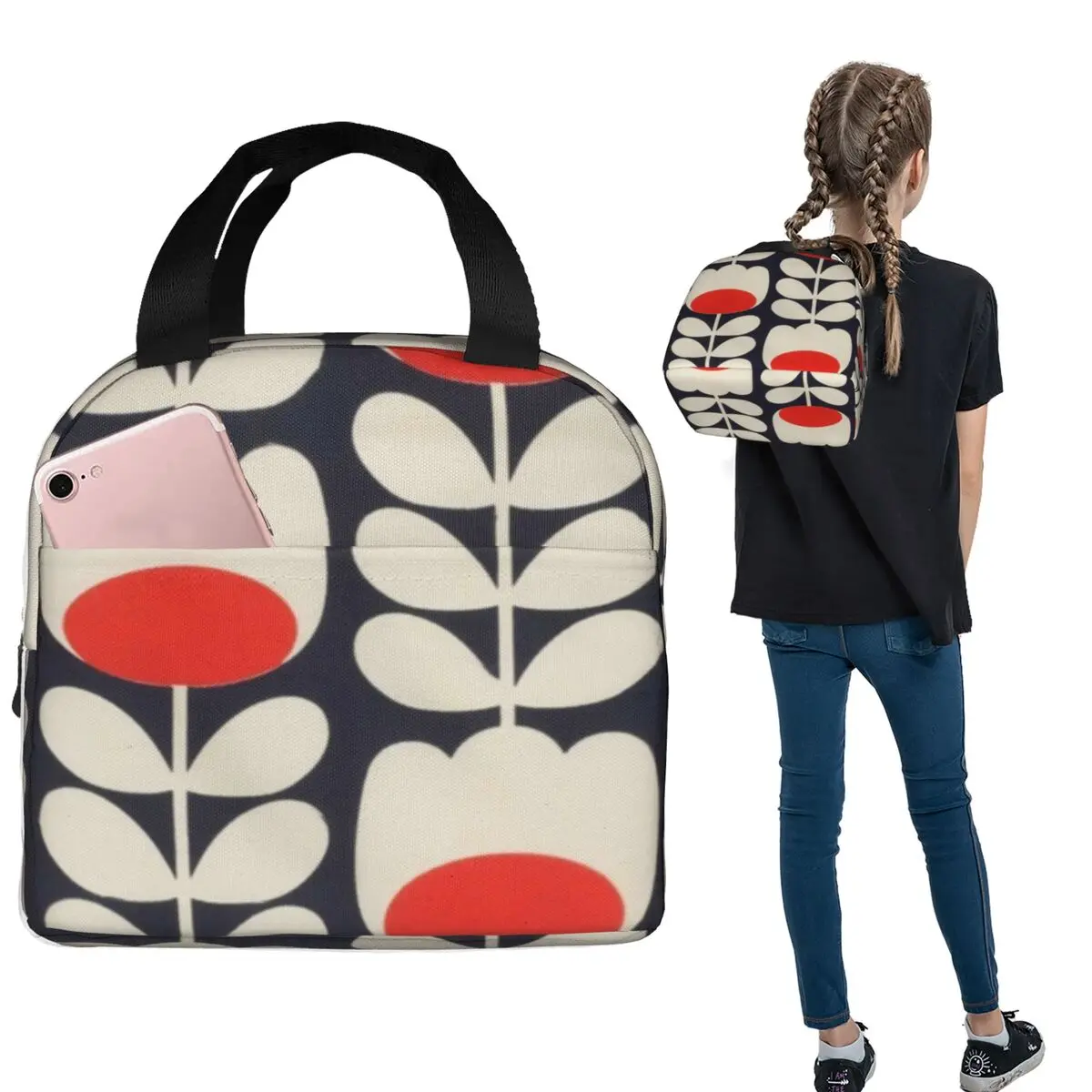 Orla Kiely, Multi Stem Flowers, Red,white Insulated Lunch Bag for Women Kids Leakproof Food Boxes Thermal Lunch Box Tote