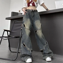 High Street Women's Hole Jeans Hip Hop Streetwear Casual Fashion Blue Denim Jeans Trouser Loose Straight Pants Female