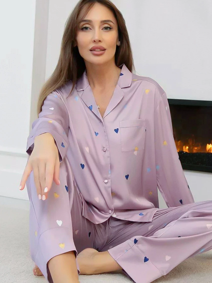 Marthaqiqi-Pyjama imprimé à manches longues pour femme, chemise de nuit sexy, col rabattu, pantalon décontracté