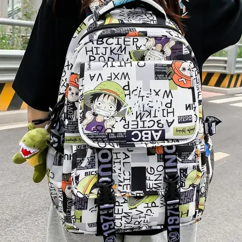 Mochila con estampado de grafiti Luffy de una pieza de alta capacidad para hombre y mujer de Anime, bolso escolar para estudiantes de secundaria media