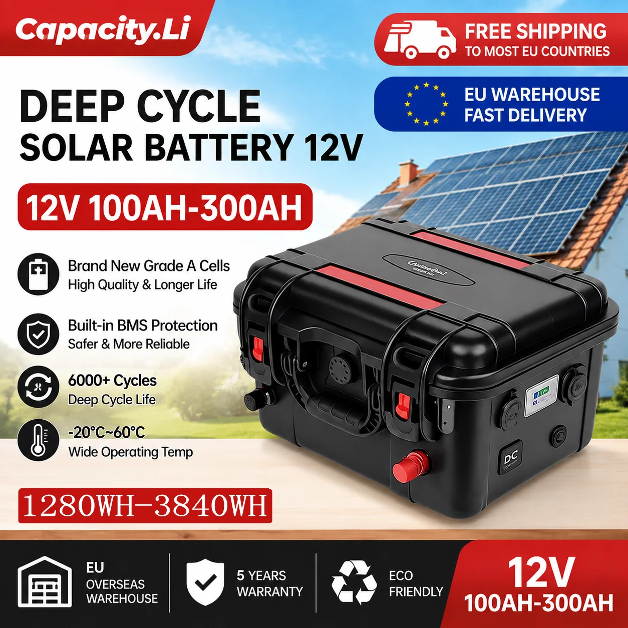 Batería de Litio LiFePO4 de 12V, 100Ah, 120Ah, 200Ah, 300Ah, Ciclo Profundo, Recargable, con BMS Integrado y Bluetooth para Sistemas Solares, RV y Embarcaciones