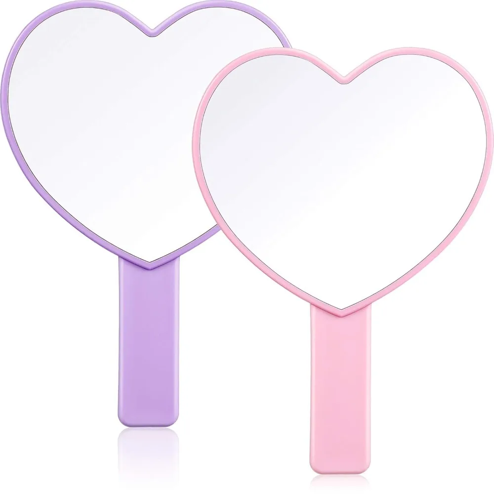 

2-piece heart-shaped handheld makeup mirror, mini travel makeup mirror with handle