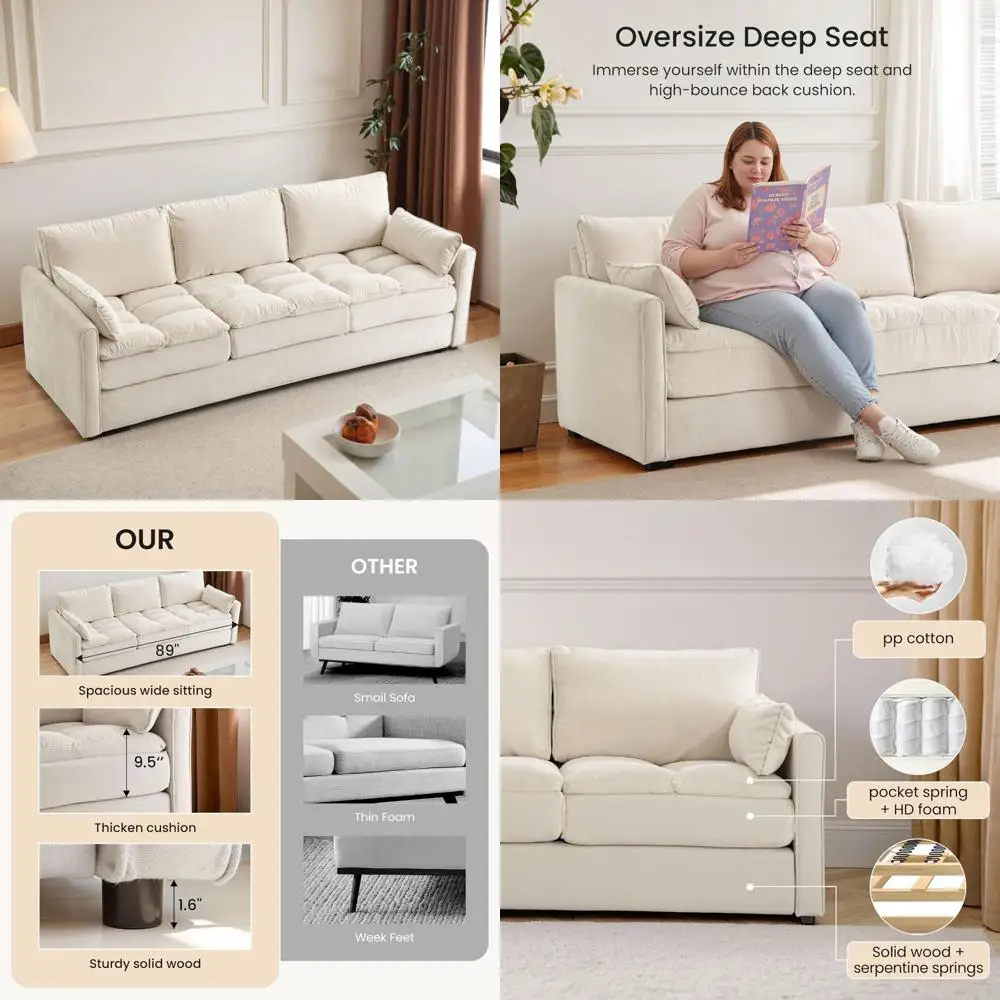 3-местный диван с глубоким сиденьем, карманами для хранения и широкими подлокотниками, удобная I-образная маленькая секция для гостиной