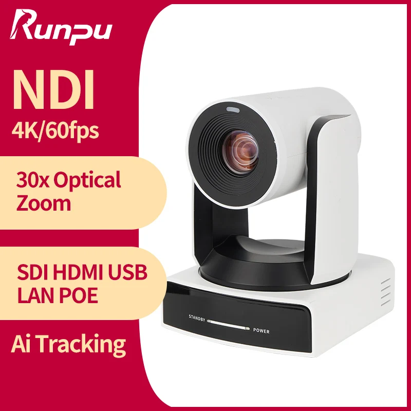 4K NDI Camera 60FPS 30X Optical Zoom AI Auto Tracking PTZ Conference Camera with PoE HDMI SDI USB for Live Streaming Youtube OBS