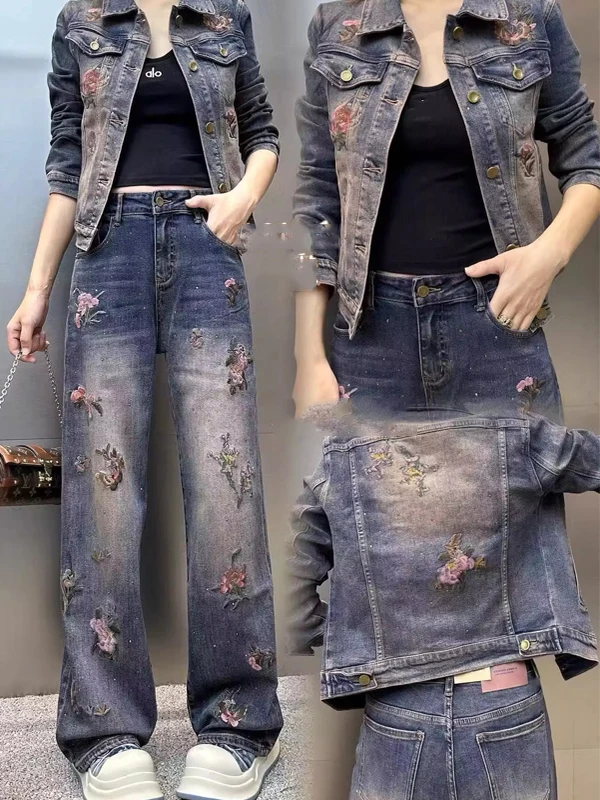 

Heavy Embroidery Rhinestone Faion Straight Leg Wide Leg Pants Spring New Sle Commute Wind High Waist Zipper Clo...