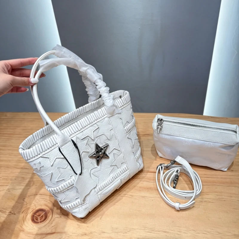 

2026 New Y2K Star Decor Genuine Leather Basket Tote Bag Vintage Casual Womens Shoulder Handbag Daily Commuter Fashion Purse