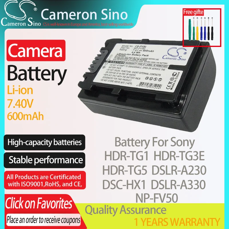 CameronSino Battery for Sony HDR-TG1 HDR-TG3E HDR-TG5 DSC-HX1 DSLR-A230 DSLR-A330 fits Sony NP-FV50 Digital camera Batteries