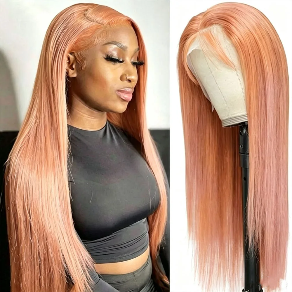 13x4 Lace Front Wig Milky Orange Long Straight 24inch Heat Resistant Synthetic Fiber Wigs for Women Daily & Cosplay Use