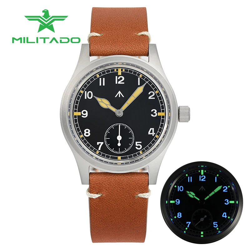 

Militado 36mm Military Watch Japan VK61 Quartz Sapphire Glass Vintage Field Black Dial Super Luminous 100m Dive Men Sport Watch