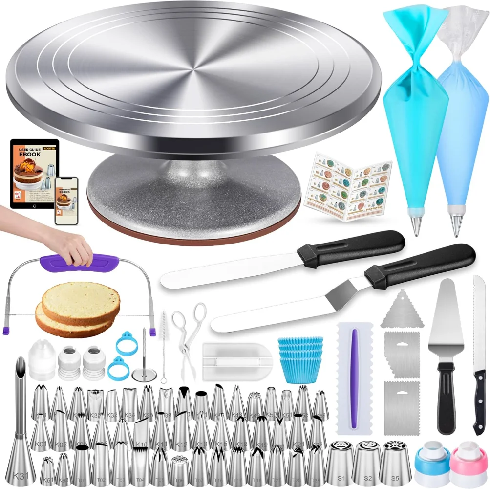 

253 Pcs Cake Decorating Kit,12" Aluminum Alloy Cake Turntable, 48 Numbered Icing Tips, 3 Russian Pipin Nozzles,cakes tools