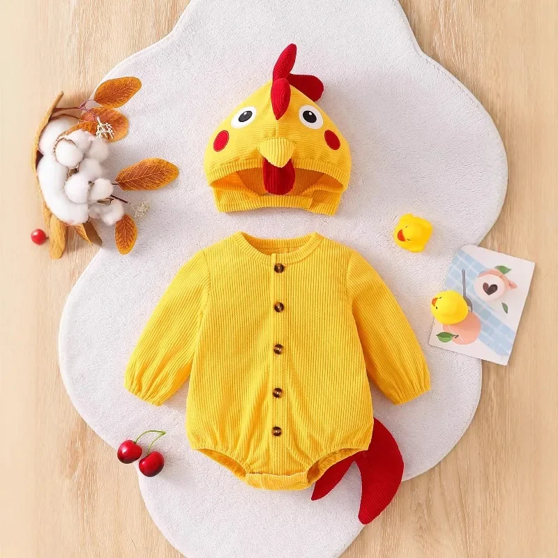 Newborn Baby Yellow Chicken Romper Long Sleeve Button Bodysuit Cartoon Animal Costume New Born Baby Items