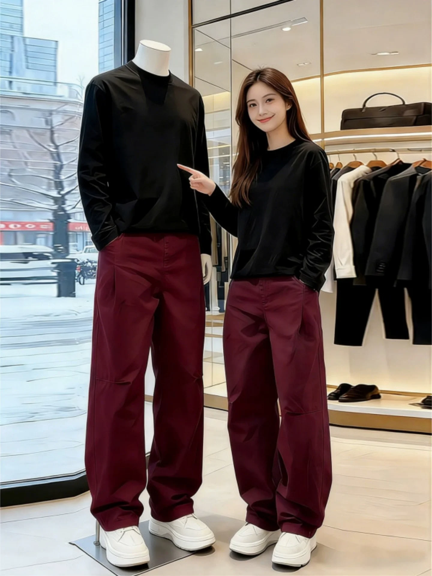 Cleanfit Red Wine Color Men's Loose Straight Casual Pants American Deconstruction Sle Workwear Trousers Knife Design