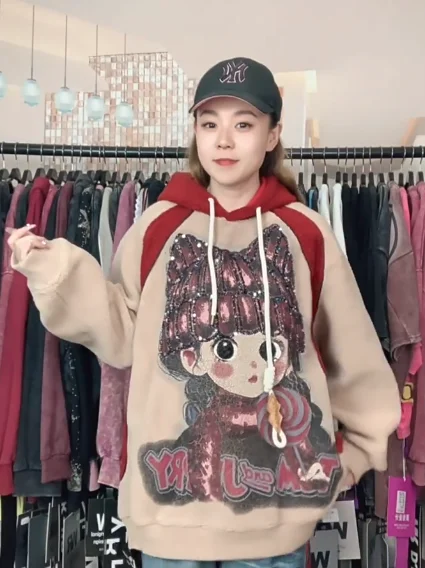 Trendy Brand Autumn Winter Fashion Cartoon Girl Furry Loose Oversized Long Sleeve Hooded Sweatshirt Jacket Top for Women