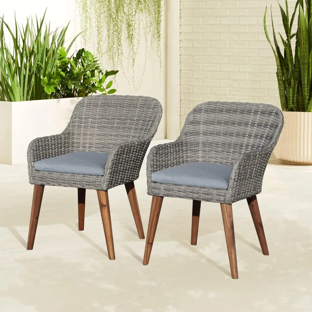 Patio Dining Chairs  with Wood Legs, Outdoor Rattan Wicker Chairs with Seat Cushions for Lawn, Deck, Porch, Balcony