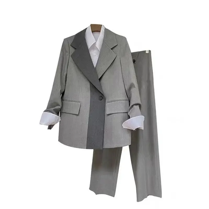 Luxury Profession Wear Pants Sets Blazers Suits Women Suits Coats Outfits Cropped Trousers Splicing Grey Office Ladies Clothing