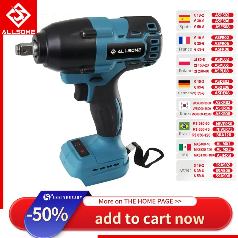 Allsome 500N.m 21v Brushless Cordless Impact Wrench 1/2 inch Compatible Makita 18V Battery for Car Repair Truck Repair