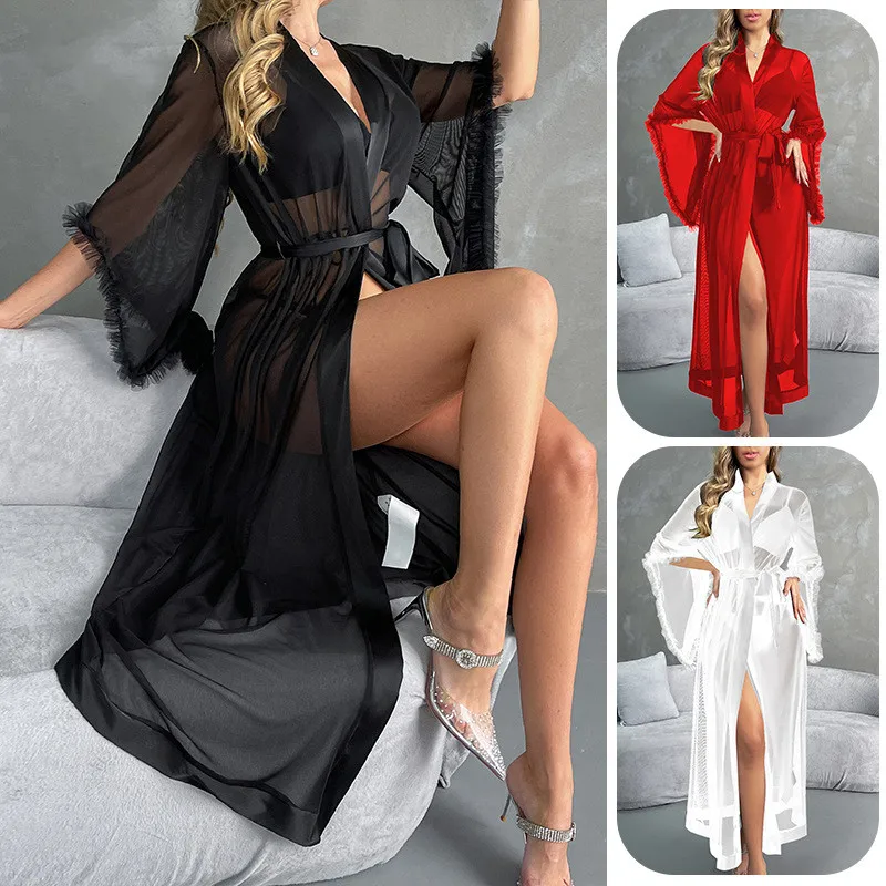 

Женский сетчатый халат с карманом, длинное кимоно, летняя одежда для сна, ночная рубашка, свободная шифоновая домашняя одежда