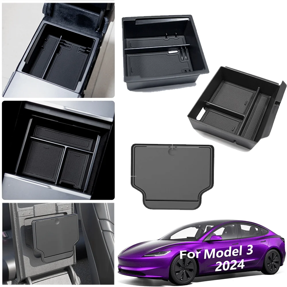 

for 2024 Model 3 Highland Center Console Organizer Tray, Flocked Armrest Hidden Drawer Storage Box Center Console Storage Tray