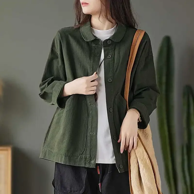 Autumn and Winter Women\'s Solid Color POLO Collar Button Pocket Loose Fit Long Sleeve Short Coat Fashion Casual Commuter Tops