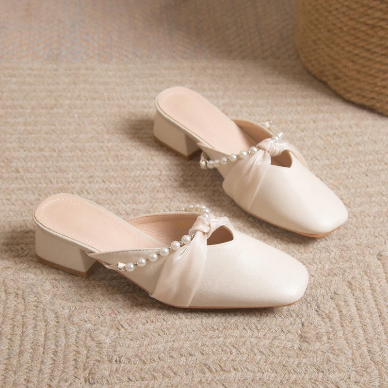 2023 Summer New Pearl Chain Square Head Shallow Mouth Women's Slippers Fairy Style Comfortable High Heel Shoes Girl