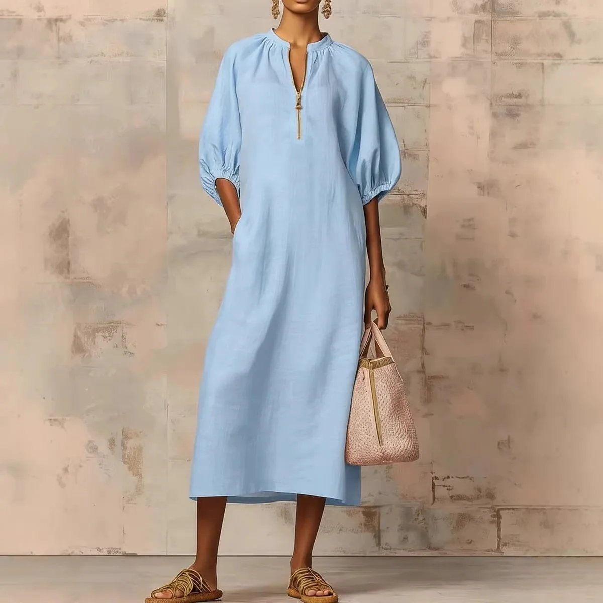 Elegantes Freizeit-Maxikleid mit kurzen Ärmeln für Damen – Sommer 2026 – Modisches, einfarbiges, langes Kleid mit Reißverschluss und V-Ausschnitt für den Alltag