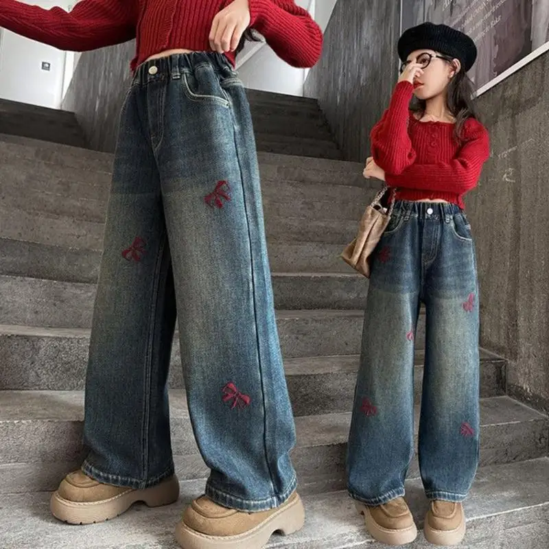 39BC ガールズヒップホップワイドレッグジーンズパンツ刺繍ハート弾性ハイウエストストレートルーズフィットだぶだぶのデニムパンツ