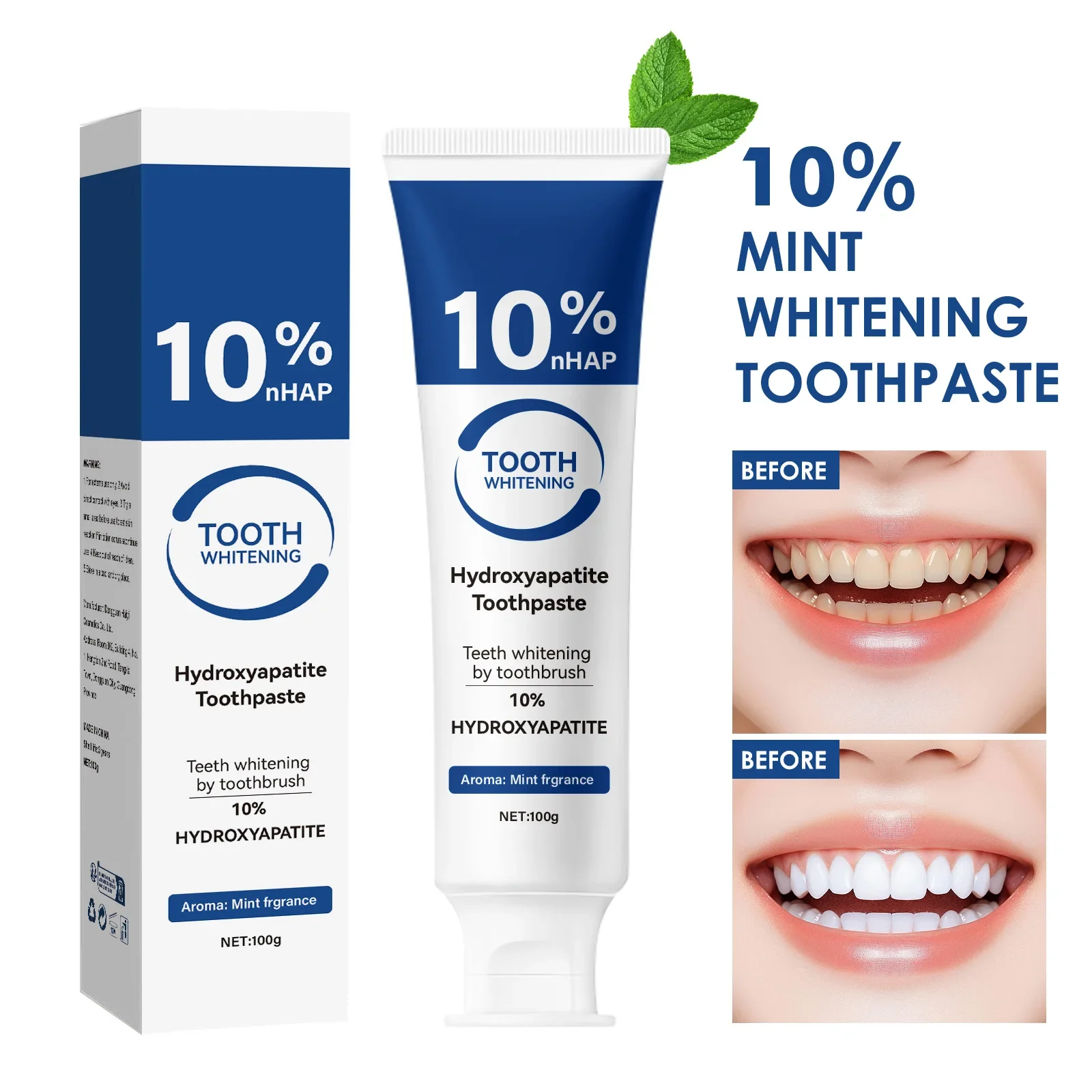 

10% Hydroxyapatite Toothpaste Whitening Tooth Deep Cleaning Paste Fresh Breath Protects Gums Strengthen Dental Basic Care 100g