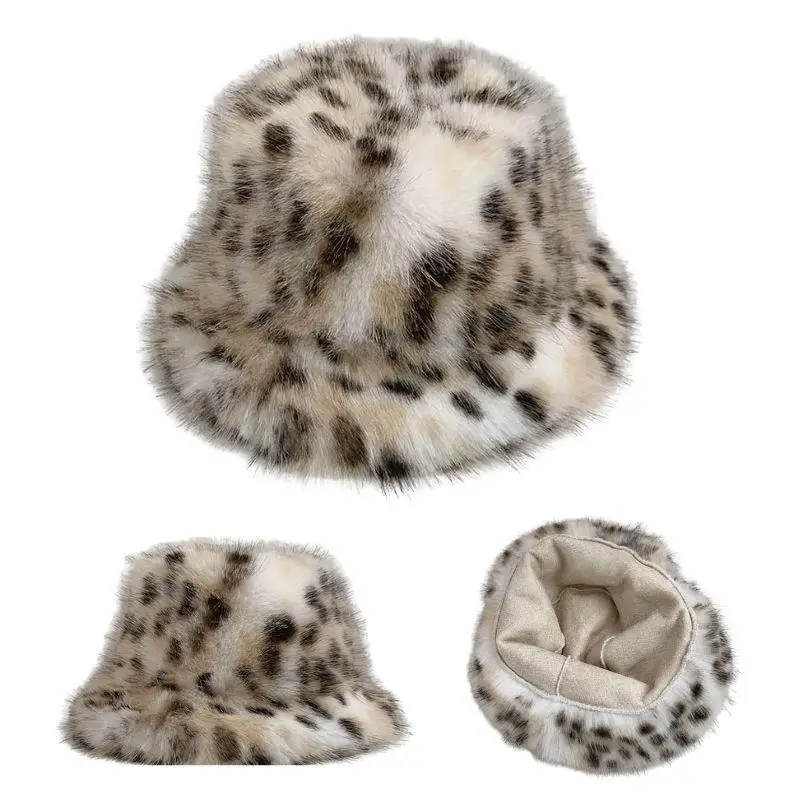 

2025 Winter Puffy Faux Fur Bucket Hats Women Fashion Leopard Print Plush Sun Hats Thickened Warm Imitation Fur Panama Hat