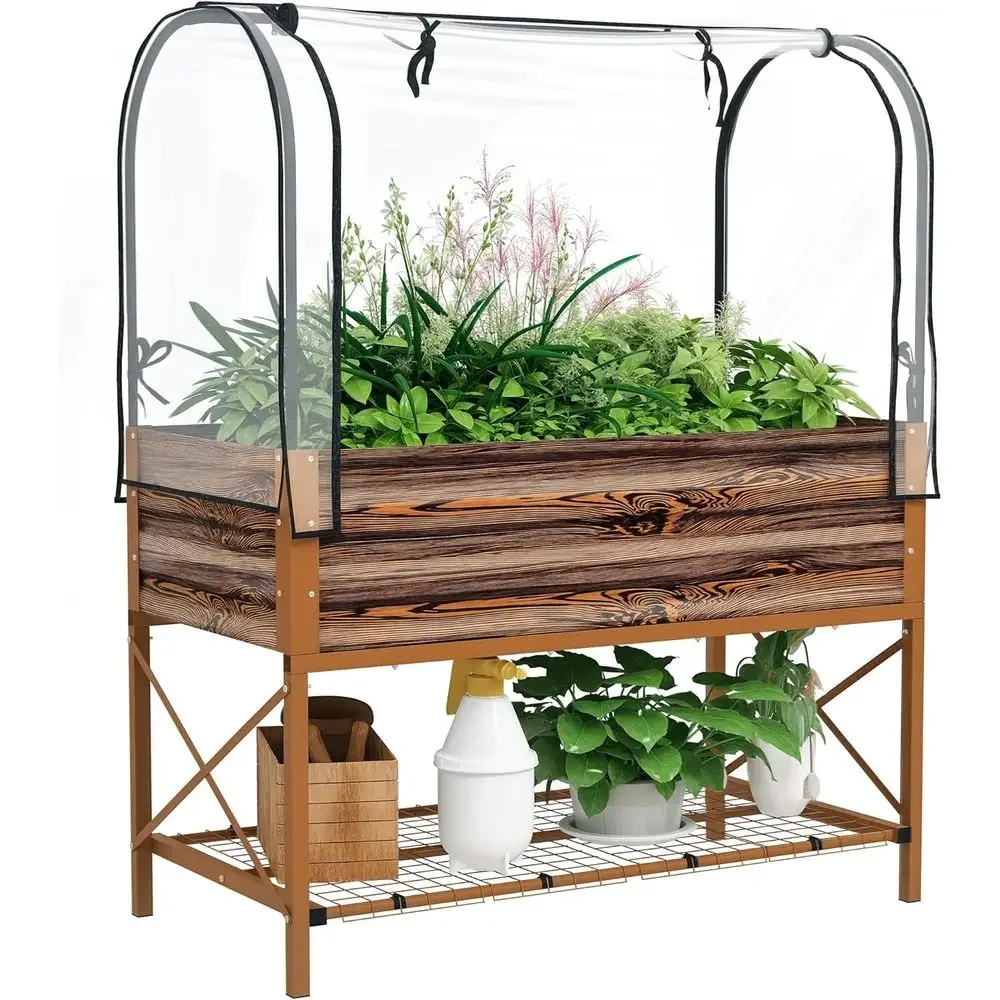 Elevated Metal Garden Bed with Cover and Storage Shelf for Vegetables, Flowers, and Herbs in Brown