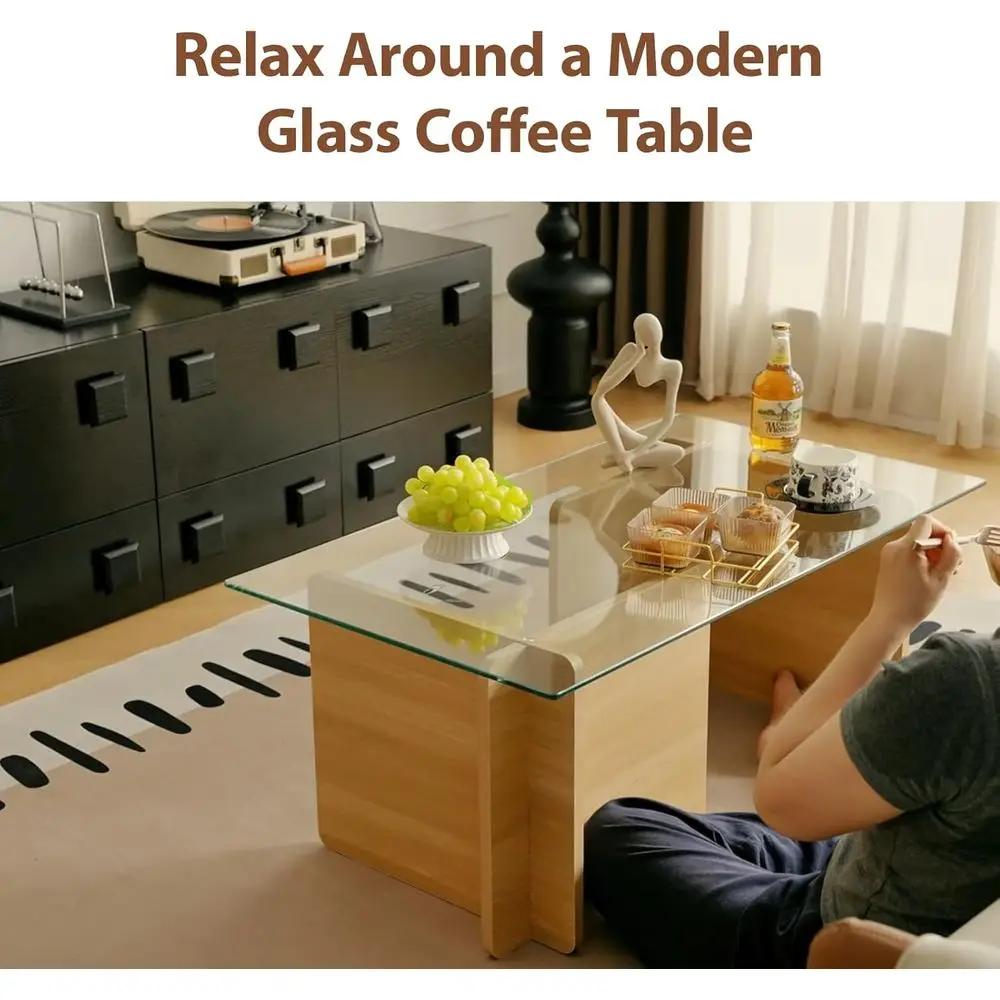 طاولة قهوة فنية مستطيلة من الزجاج المقسى مع قاعدة خشبية هندسية لمساحات المعيشة البسيطة #4