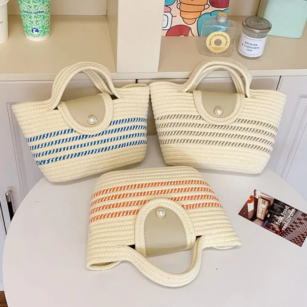 

Large Capacity Woven Tote Handbag Lightweight Stripe Tote Handbag Solid Color Summer Beach Shoulder Bag