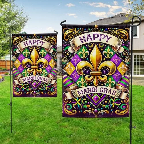 Personalized Happy Mardi Gras Fleur De Lis Garden Flag, Mardi Gras Decor ZZO EEZ