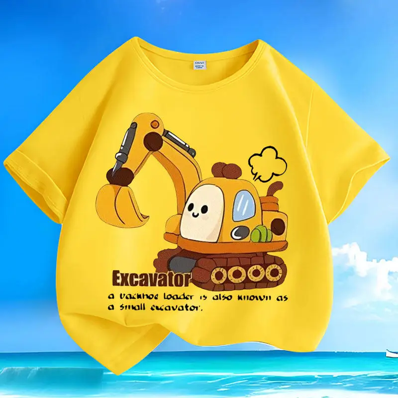 Cartoon Excavator Car Cotton Summer Short Sleeved Small and Medium-sized Children's Round Neck T-shirt Casual Parent-child Top