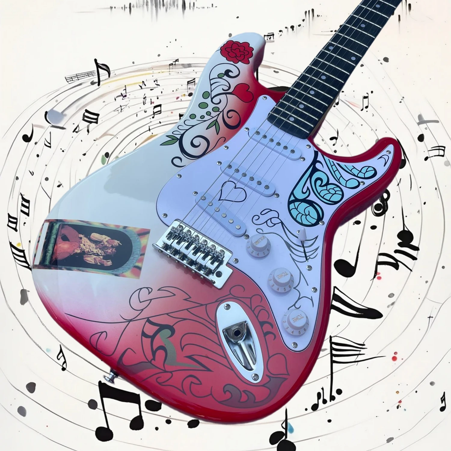 Free Shipping ST Electric Guitar Art Graphic Finish 6 String SSS Pickups Smooth Neck Crisp Tone Home Band Rehearsal Present