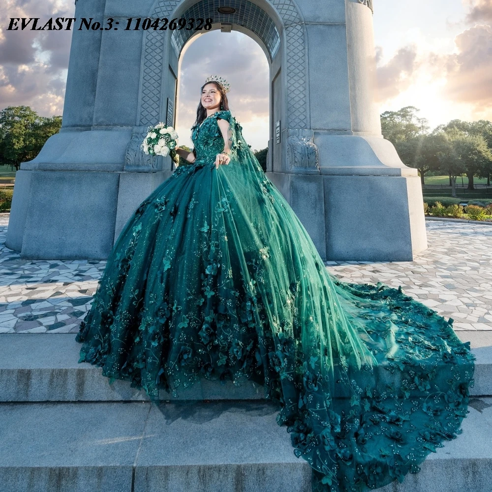 

EVLAST блестящее темно-зеленое платье Quinceanera по индивидуальному заказу, бальное платье с цветочной аппликацией, накидка из бисера Sweet 16, Vestido De 15 Anos E3Q387